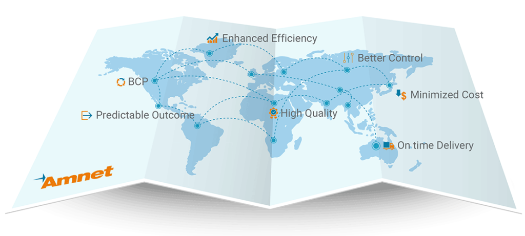 A world map with an Amnet logo at the bottom-left corner.