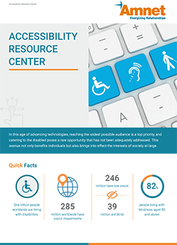 A brochure titled "Accessibility Resource Center" shows three disability keys with some quick facts